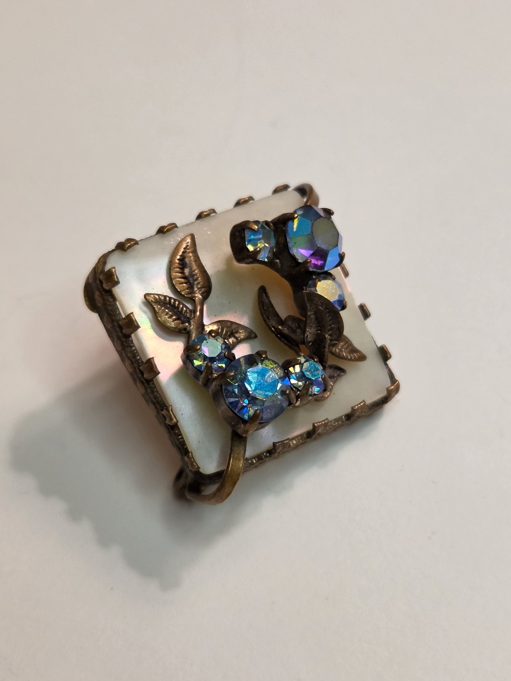 Vintage TRIAD Mother Of Pearl Botanical Rhinestone Square Brooch - As Is